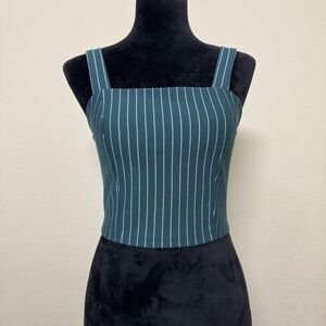 RIS Tank Top Womens Medium Green Stripe Square Neck Zip Back Stretch Crop Cami